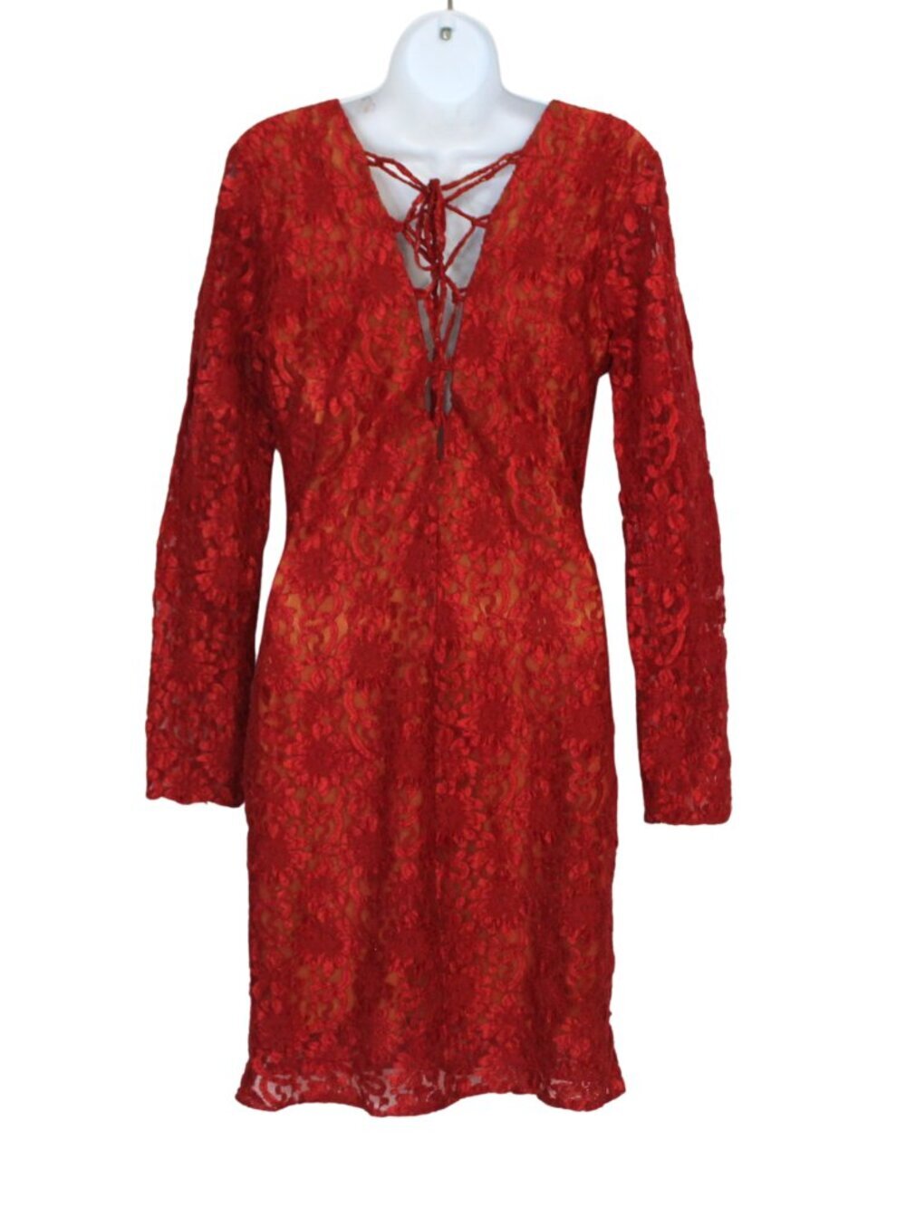 Vtg 90s women's dress size L red nude illusion long sleeve tight fitting flapper - Picture 2 of 14
